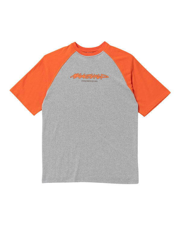 BEEZ-EYE-P Script Logo Raglan Tee, Orange / Heather Gray