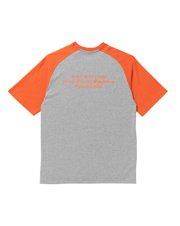 BEEZ-EYE-P Script Logo Raglan Tee, Orange / Heather Gray