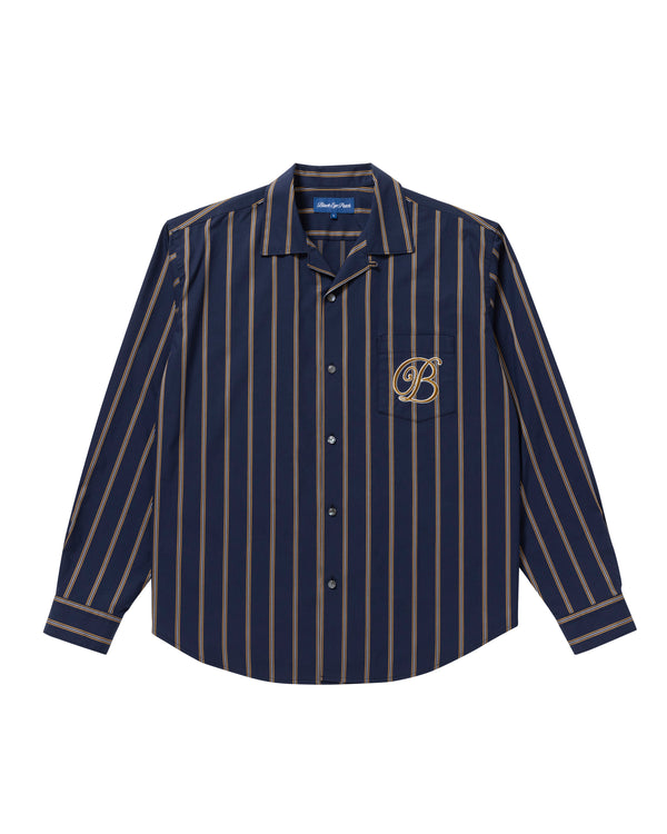 B EMBLEM OPEN COLLAR STRIPED SHIRT NAVY