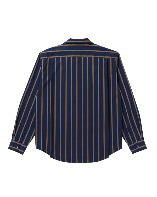 B EMBLEM OPEN COLLAR STRIPED SHIRT NAVY