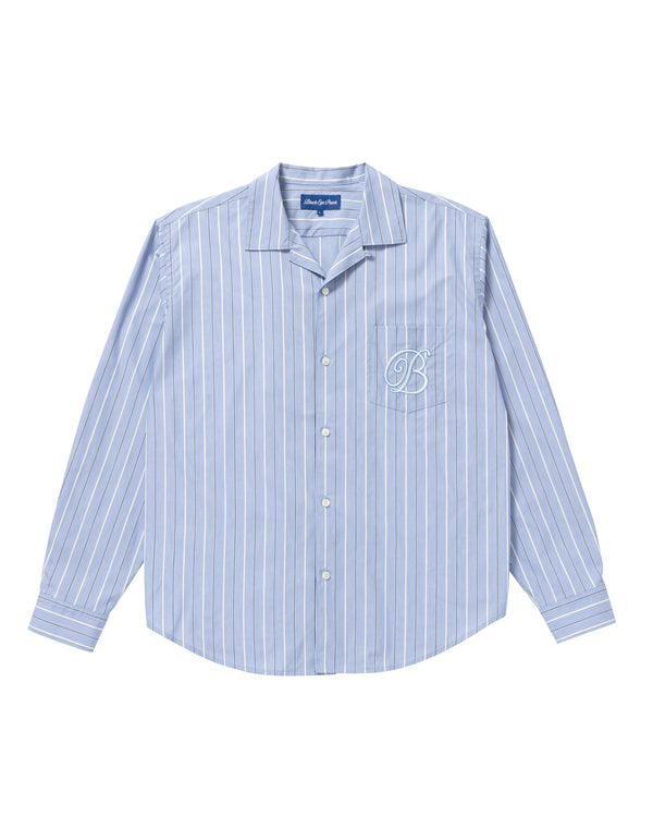 B EMBLEM OPEN COLLAR STRIPED SHIRT BLUE