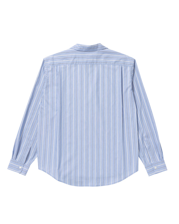 B EMBLEM OPEN COLLAR STRIPED SHIRT BLUE