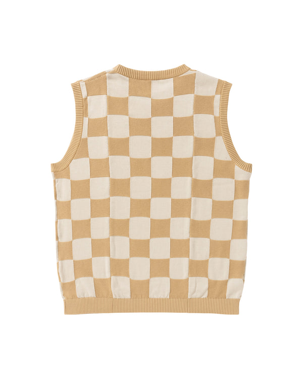 Sports Script Checkered Knit Vest, Beige