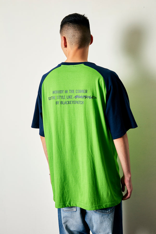 BEEZ-EYE-P Script Logo Raglan Tee, Navy / Green
