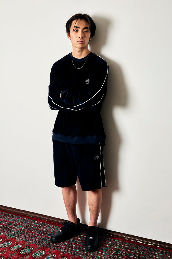 B Emblem Piping Velour Shorts, Navy