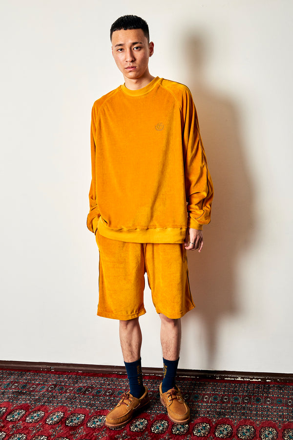 B Emblem Piping Velour Shorts, Camel