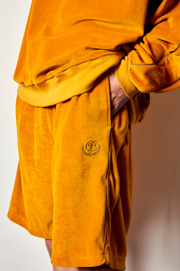B Emblem Piping Velour Shorts, Camel