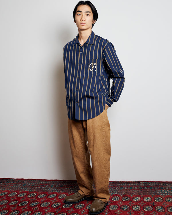 B EMBLEM OPEN COLLAR STRIPED SHIRT NAVY