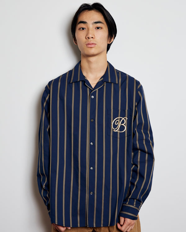 B EMBLEM OPEN COLLAR STRIPED SHIRT NAVY